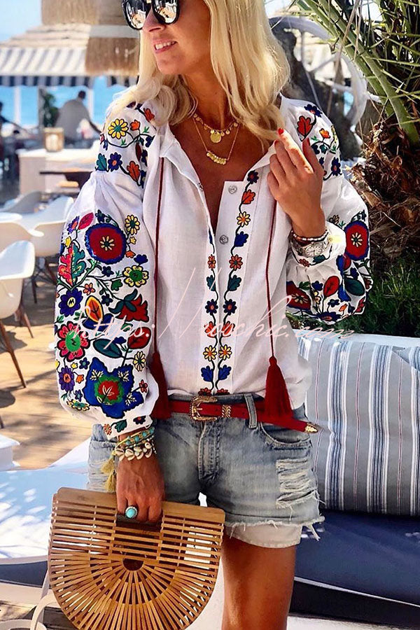 Floral Market Printed Tassel Puff Long Sleeve Blouse