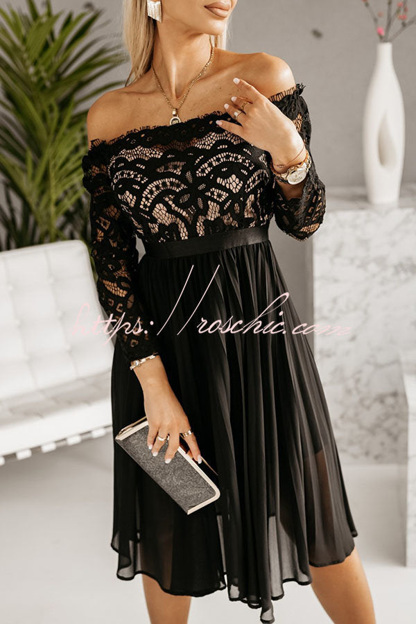 Kaia Lace Off Shoulder Pleated Midi Dress