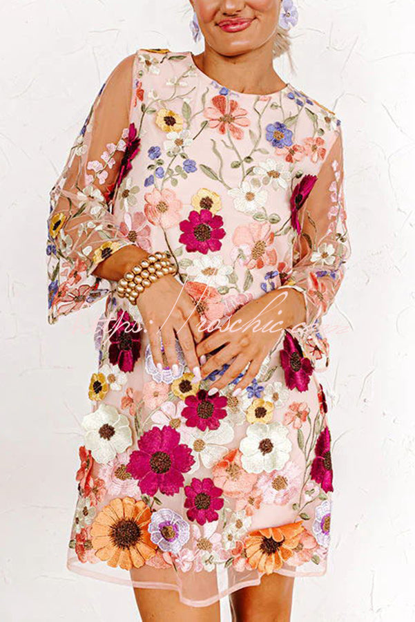 Dahlia Dreaming Embroidered Floral Applique Half Sleeve Mini Dress, Pink / S Dahlia Dreaming Embroidered Floral Applique Half Sleeve Mini Dress, Pink / S