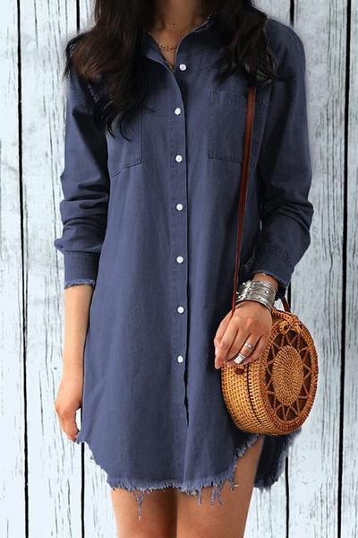 Frayed Denim Buttons Shirt Dress