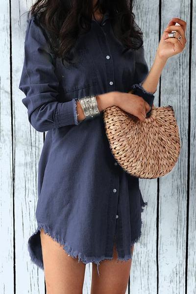 Frayed Denim Buttons Shirt Dress