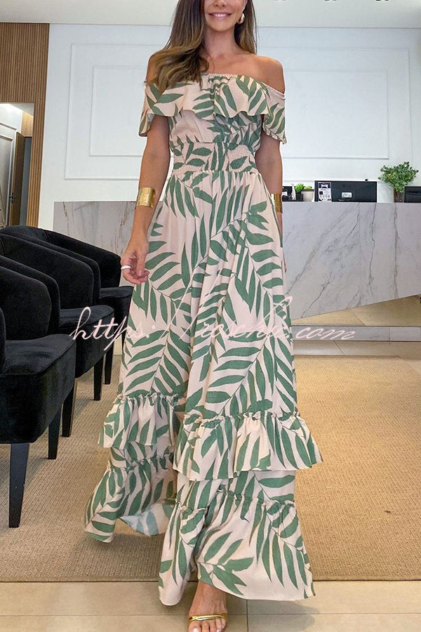 Plant Smiles Printed Off Shoulder Elastic Waist Maxi Dress