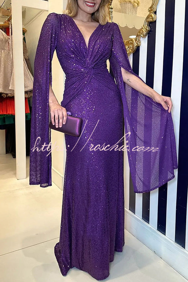 Shine Brighter Sequin Cape Sleeve Cross Waist Evening Maxi Dress – roschic
