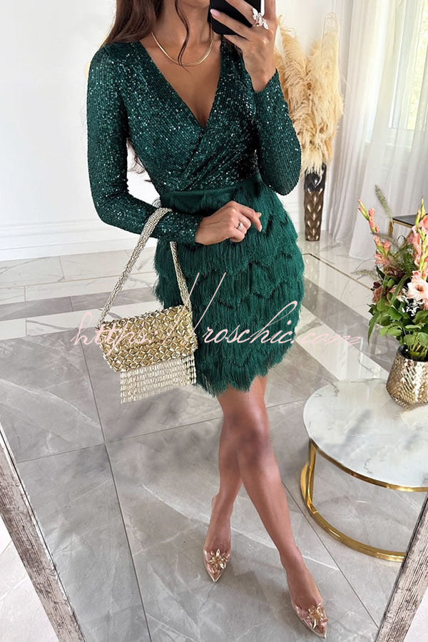 sequin patchwork dress Plus Size Sequin Patchwork Elegant Party Cocktail Surplice Neck Long Sleeve Autumn Winter Fashionable Black Bodycon Midi Dress