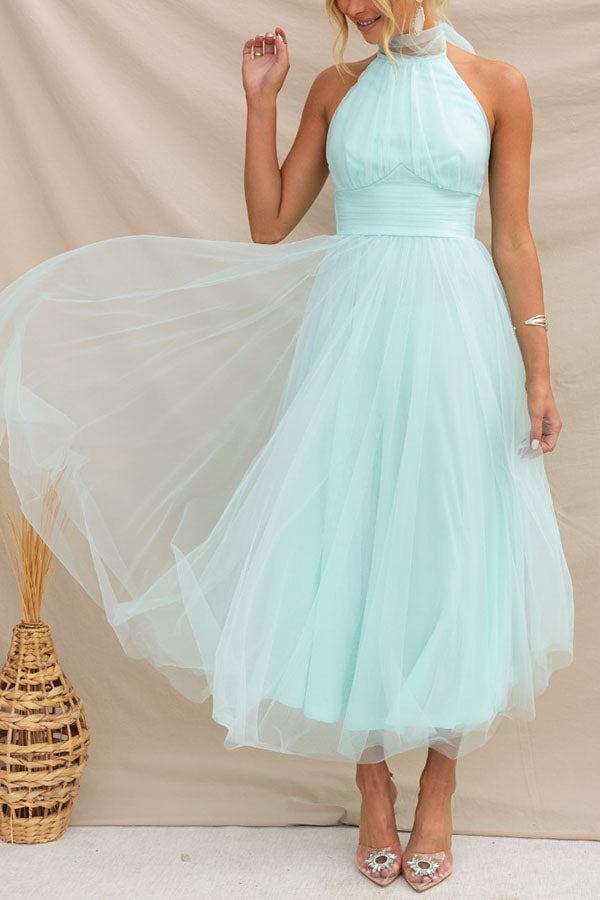Fairy Vibes Tulle Gathered Detail Halter Maxi Dress  roschic