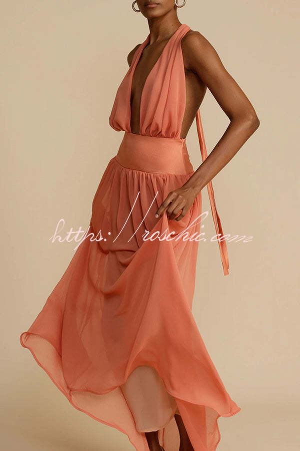 Femininity and Elegance Tulle Halter Neck Backless Maxi Dress