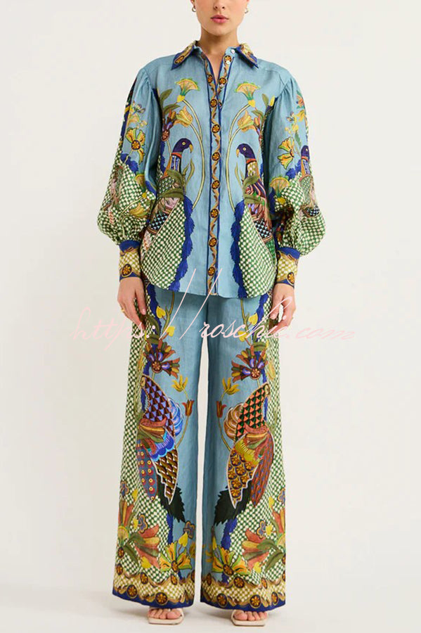 Smyrna Unique Heaven Bird Print Elastic Waist Pocketed Wide Leg Pants