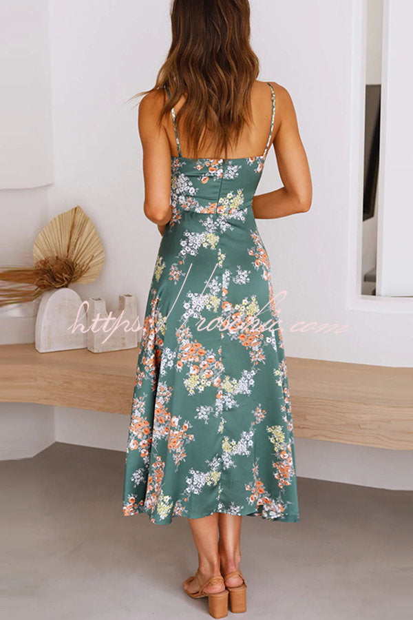 Dreamers Satin Floral Tie Up Slit Midi Dress