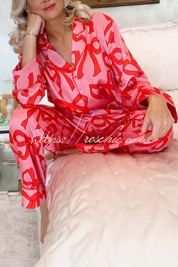 Give You A Surprise Gift Bow Printed Elastic Waist Pocketed Pajama Set