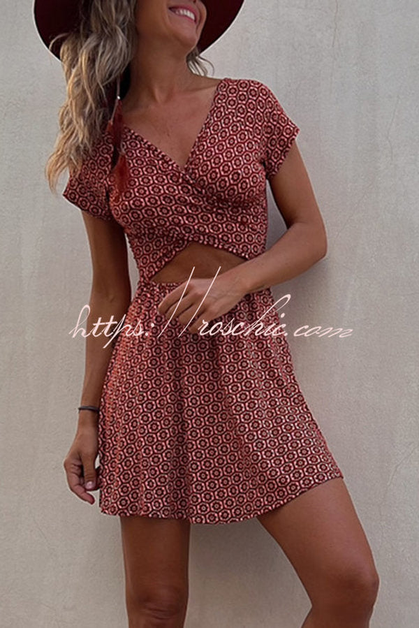 State of Bliss Printed Hollow Reversible Two Ways Stretch Mini Dress