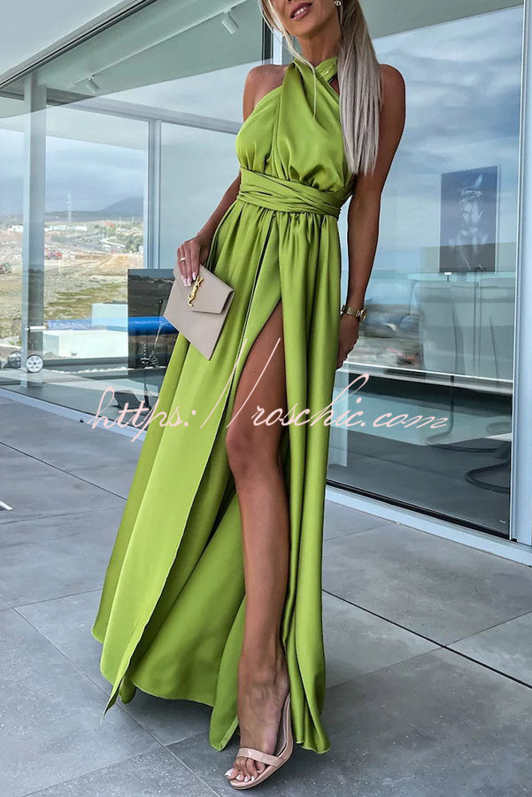 Different Elegant Effects Satin Free Tie Neck Slit Maxi Dress