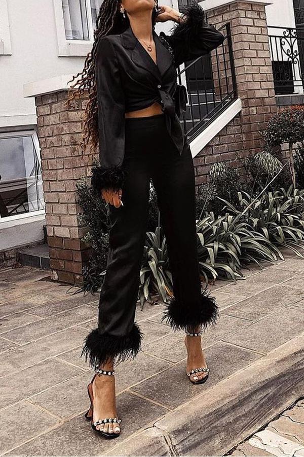 Solid Color Lapel Feather Trousers Two-piece Suit