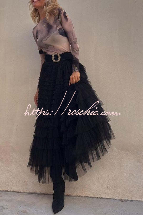 Be Your Own City Queen Tiered Elastic Waist Tulle Maxi Skirt