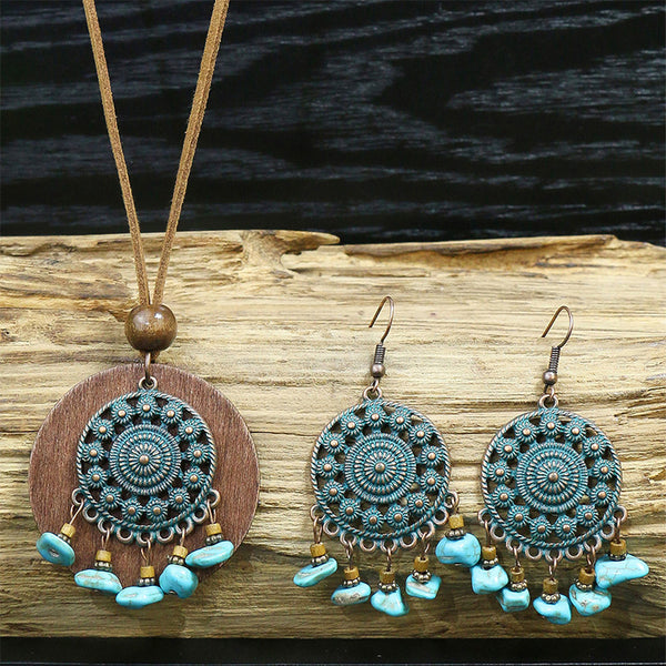 Ethnic Vintage Alloy Wood Pendant Pendant Geometric Earring Set