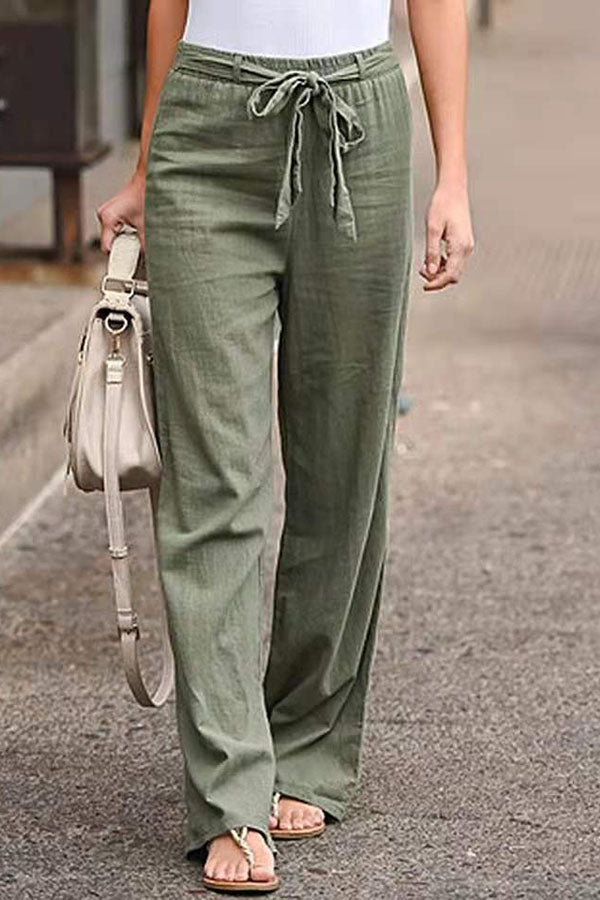 Wide-leg Linen-blend Pants - Olive green - Ladies