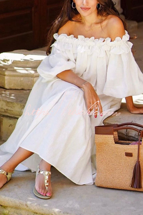 linen off shoulder dress Black Linen Off The Shoulder Midi Dress