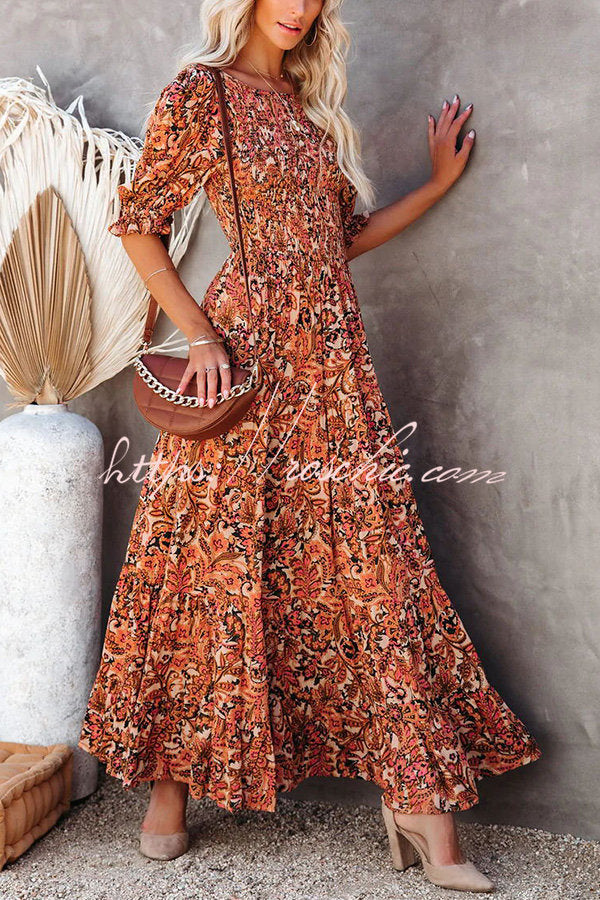 Autumn Grace Smocked Paisley Maxi Dress