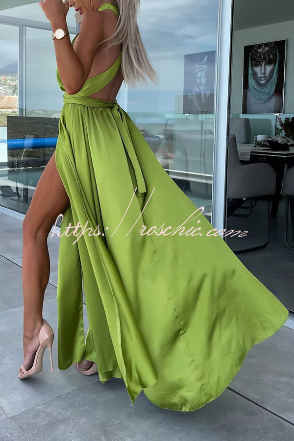 Different Elegant Effects Satin Free Tie Neck Slit Maxi Dress