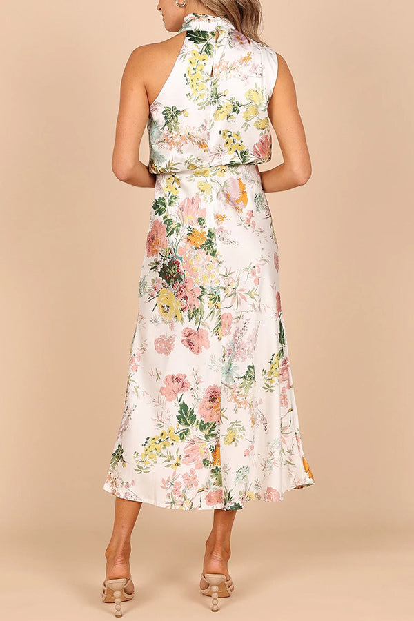 Wine Country Dates Floral Halter Neck Elastic Waist Maxi Dress