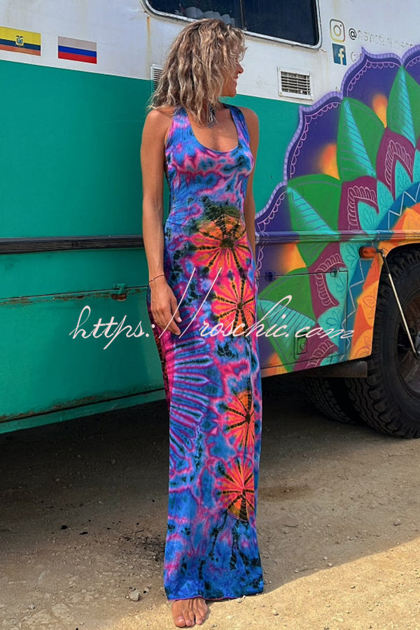 La Bamba Tie-Dye Print Back Lace-Up Stretch Maxi Dress Navy Blue / M