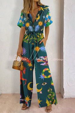 To New Hellos Linen Blend Unique Print Adjustable Waist Pocketed Wide Leg Shirt Jumpsuit