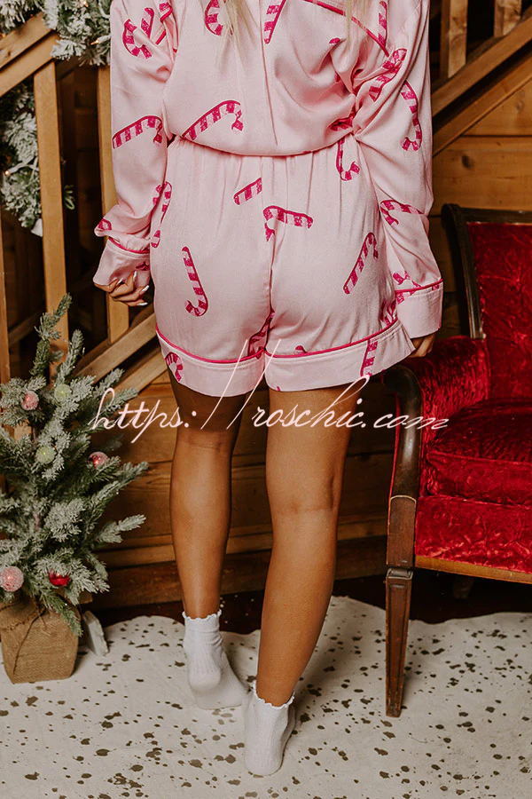 Candy Cane Kisses Satin Printed Elastic Waist Pocket Pajama Shorts Set