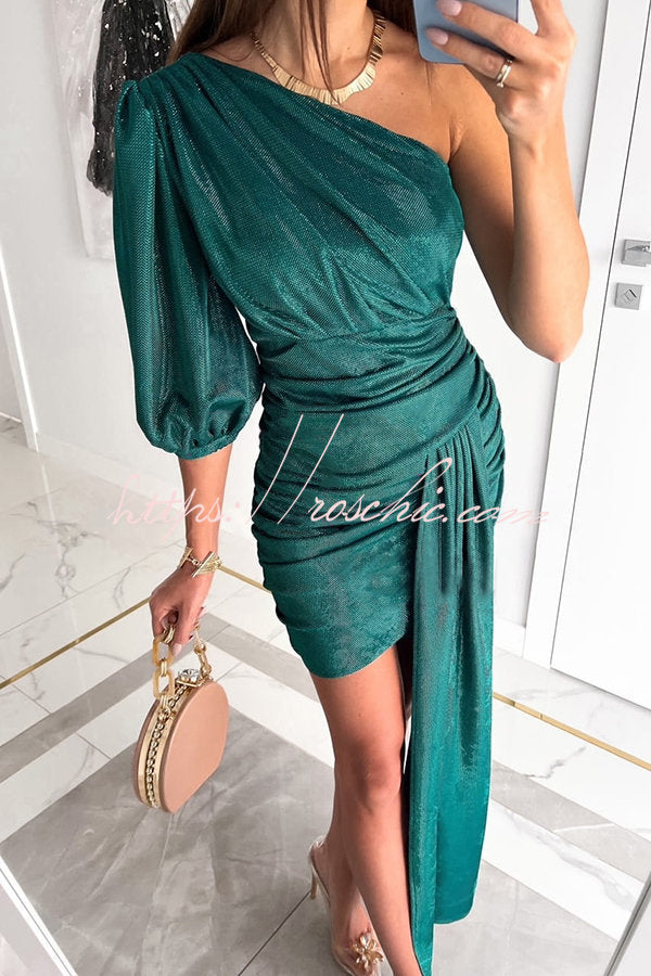 Light The Way Sequin Puff Sleeve One Shoulder Mini Dress