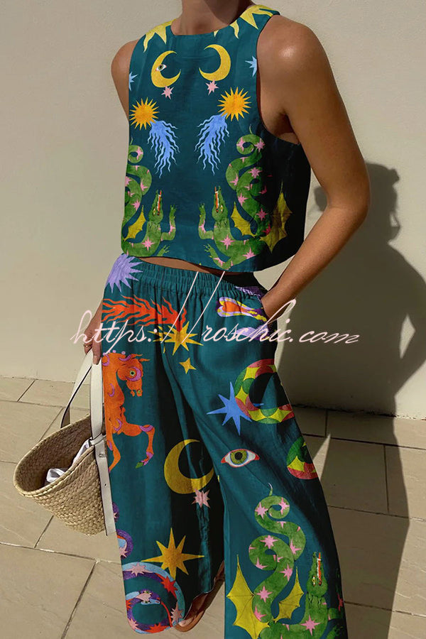 Island Dreaming Linen Blend Unique Print Tank and Elastic Waist Pocketed Pants Set