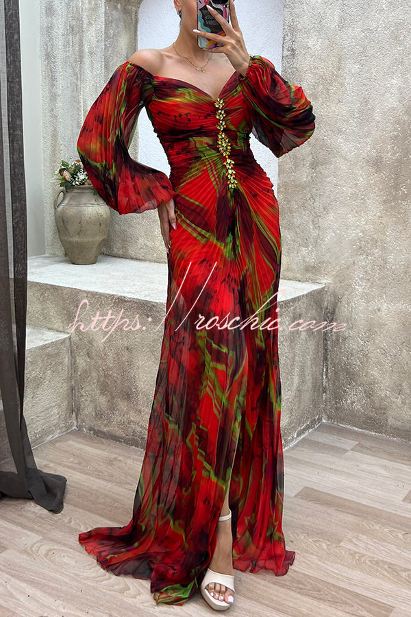 ファンデーション serenade Sunset Serenade Printed Off Shoulder Diamond Embellished Pleated