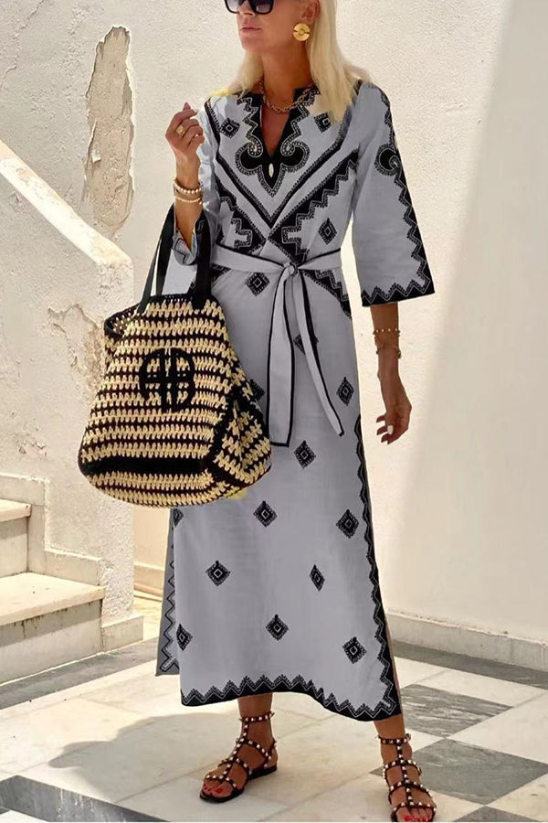 Quiet Atmosphere Linen Blend Ethnic Print Belted Midi Dress, Multicolor / L Quiet Atmosphere Linen Blend Ethnic Print Belted Midi Dress, Multicolor / L