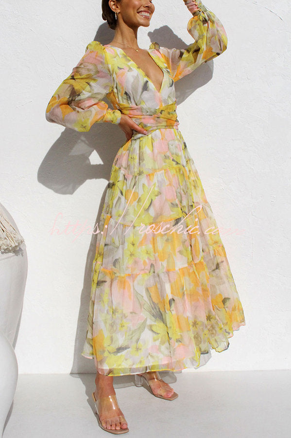 Olena Abstract Floral Balloon Sleeves Maxi Dress (The back is stretchy)