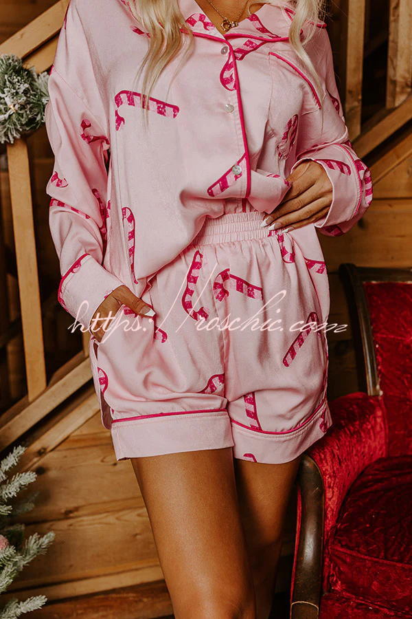 Candy Cane Kisses Satin Printed Elastic Waist Pocket Pajama Shorts Set