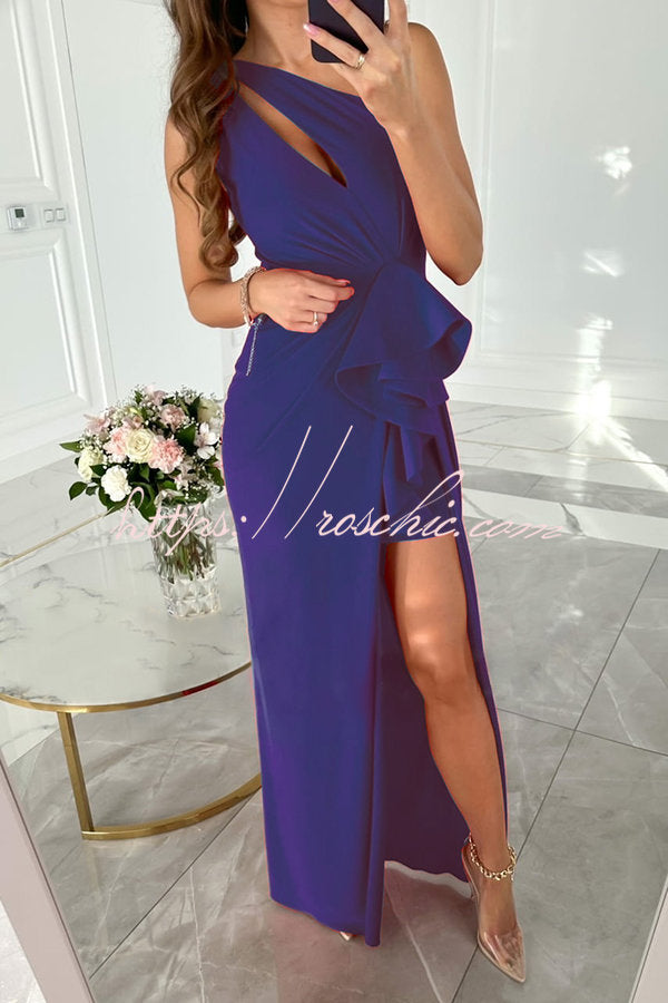 Forever Luxe One Shoulder Cutout Ruffle Split Maxi Dress