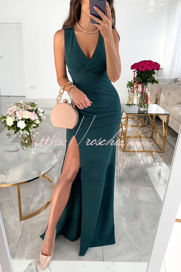 Height of Fame V-neck Ruched Slit Maxi Dress