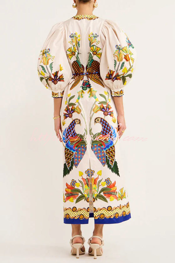 Garden Party Unique Heaven Bird Print Puff Sleeve Pocketed Loose Midi Dress