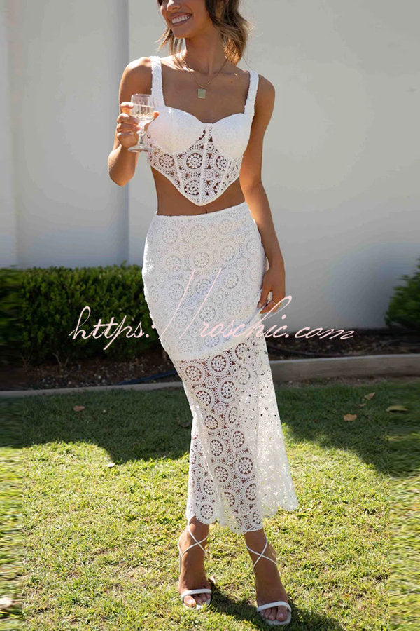 Stay Gorgeous Crochet Lace Corset Top and Fishtail Slit Midi Skirt Set