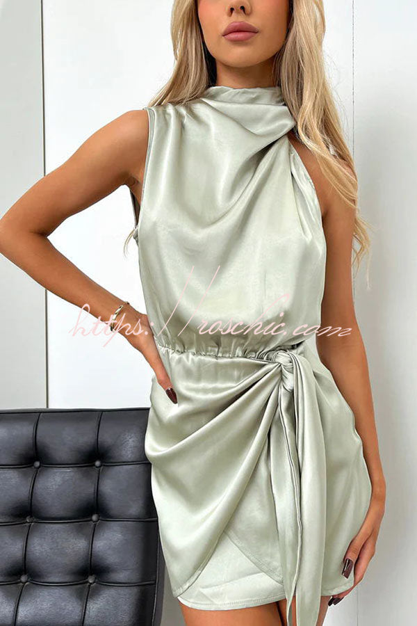 Hollywood Dreams Satin High Neck Wrap Mini Dress