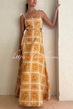 Orange Summer Printed Linen Blend Cutout Tie-up Design Maxi Dress