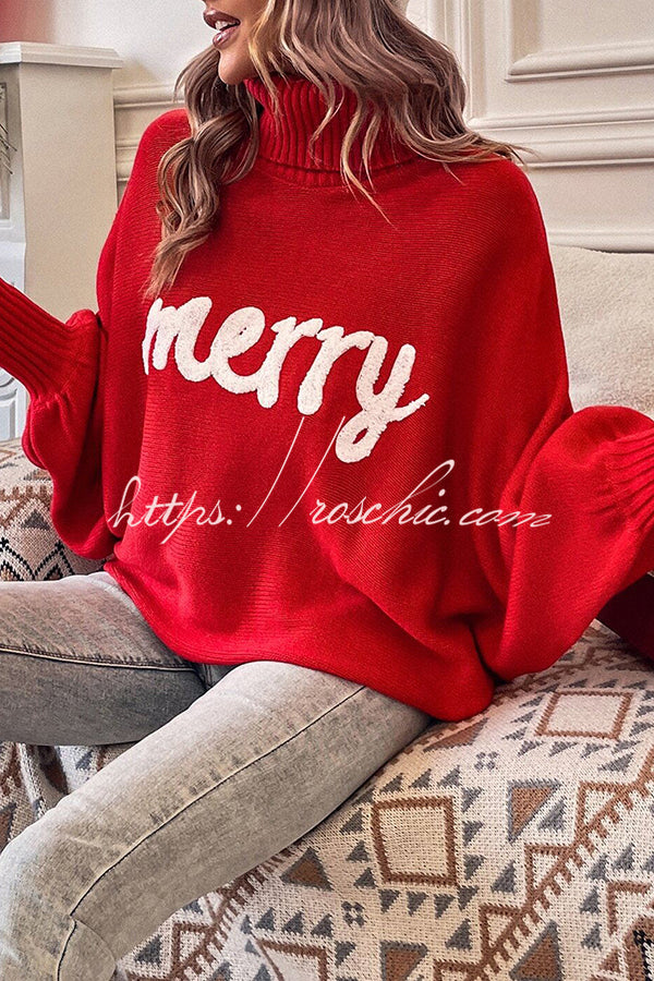 Happy Holidays Contrast Love Letter Turtle Neck Bat Sleeve Sweater