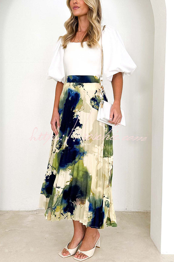 Abstract Art Paint Print Stretch Waist Pleated Skirts