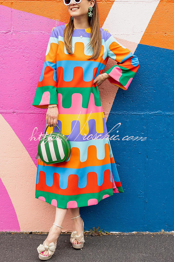 Bright Day Colorful Ripple Print Side Slit Midi Dress