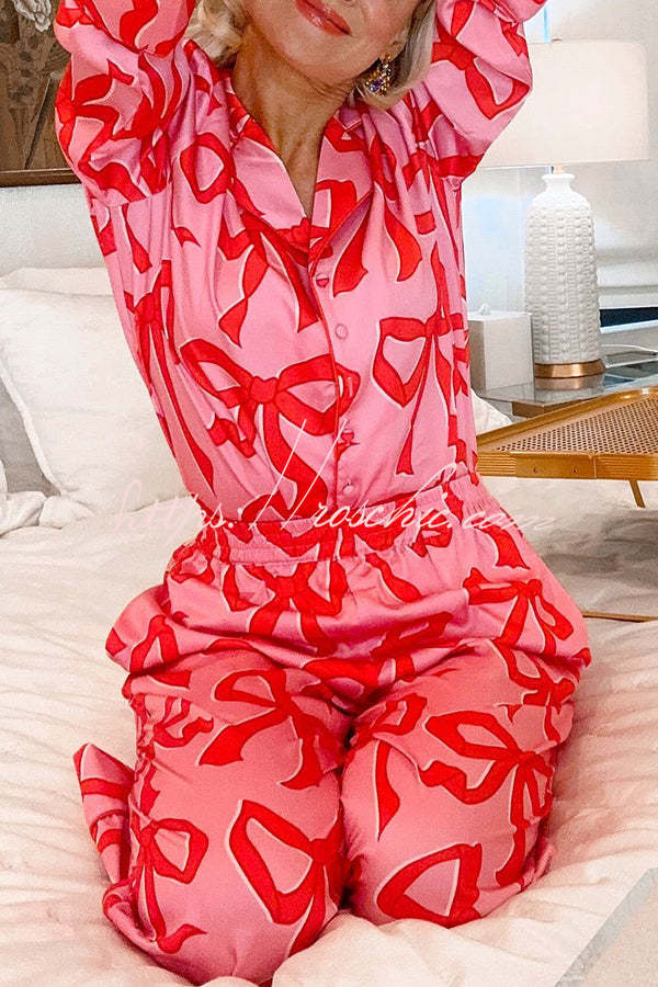 Give You A Surprise Gift Bow Printed Elastic Waist Pocketed Pajama Set