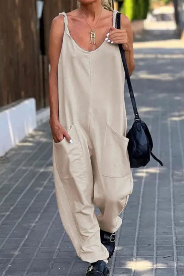 Relaxing Bay Solid Color Pocketed Casual Beach Jumpsuit