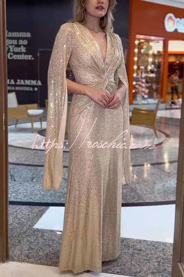 Shine Brighter Sequin Cape Sleeve Cross Waist Evening Maxi Dress, Green / L Shine Brighter Sequin Cape Sleeve Cross Waist Evening Maxi Dress, Green / L