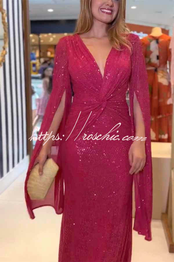 Shine Brighter Sequin Cape Sleeve Cross Waist Evening Maxi Dress