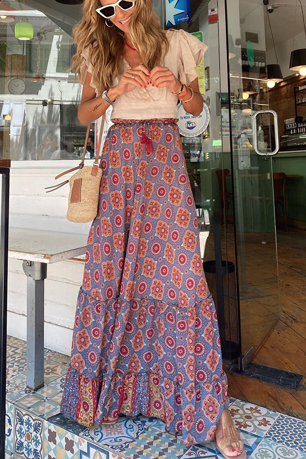 Audrina Bohemian Print Elastic Waist Tassel Maxi Skirt