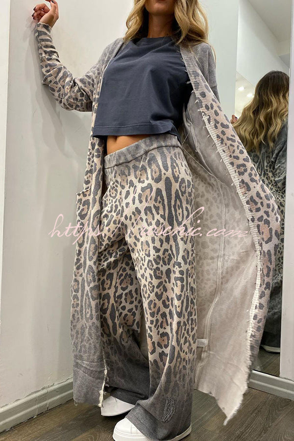 Comfort first Leopard Print Pocket Long Sleeve Cardigan Elastic Waist Pants Set