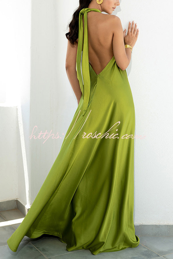 Classy and Fabulous Satin Halter Backless Maxi Dress Blue / L Classy and Fabulous Satin Halter Backless Maxi Dress Blue / L