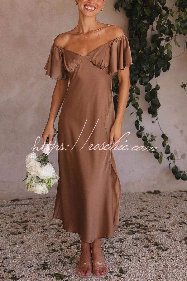 Pure Love Satin Butterfly Sleeve Slit Midi Dress