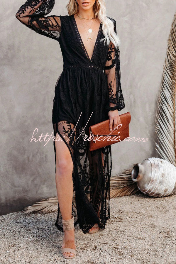 Fairy Air Fluttering V-neck See-through Lace Dress